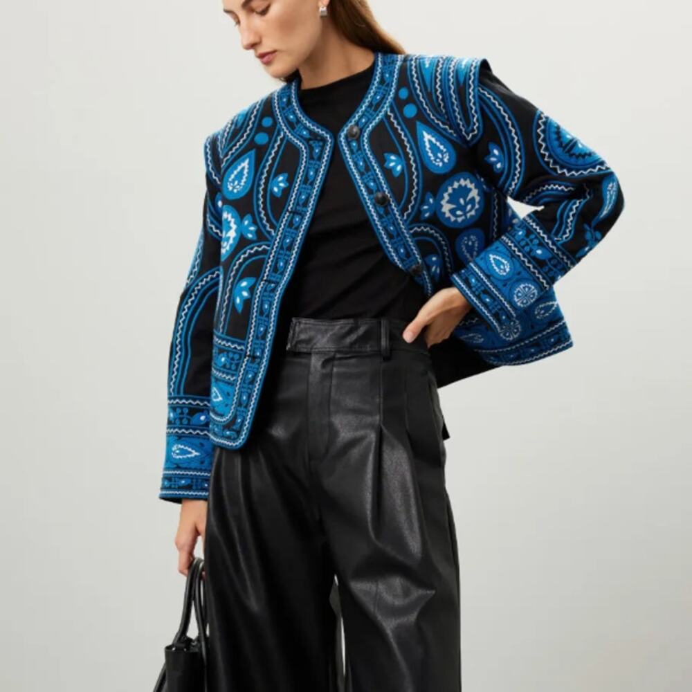 SEA New York Blue Quilted Jacket XS Embroidered Bomber Artsy Boho Designer $655